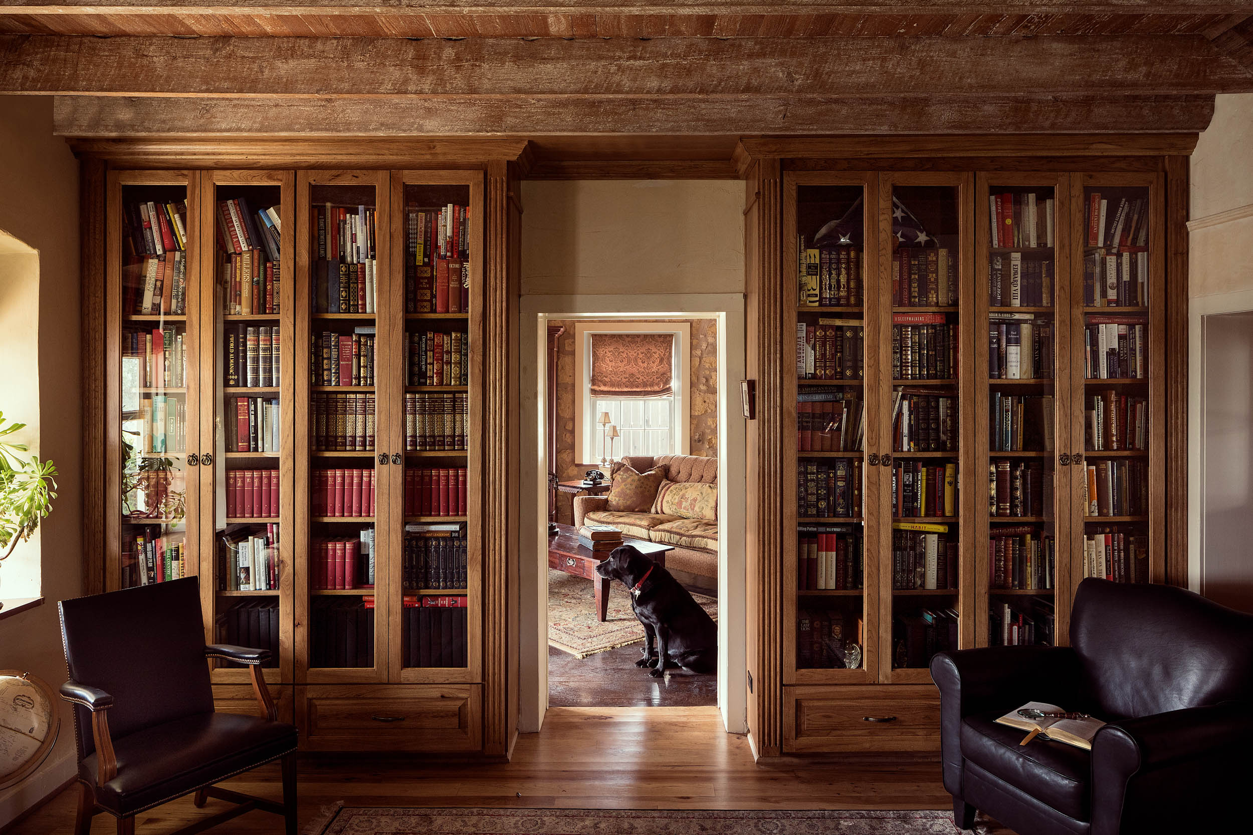 large bookcase with dog in doorway at historic german home in fredericksburg texas