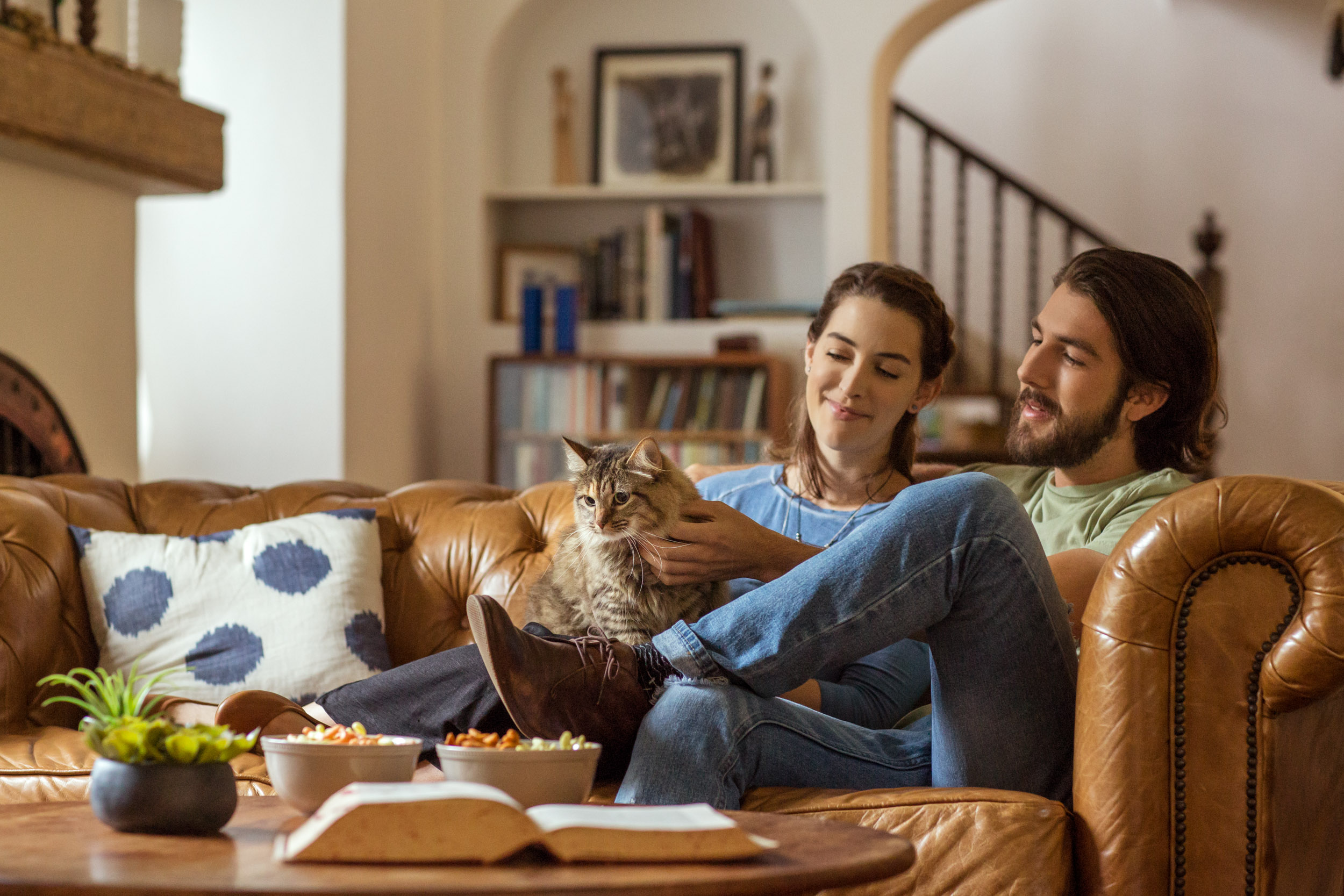 man and woman couple sitting on couch petting cat
